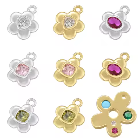 Flower-Shaped Zirconia Charms 18K Gold Plated Copper Pendant DIY Bracelet/Necklace Jewelry Making Su