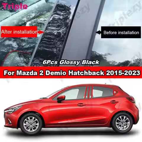 For Mazda 2 Demio Hatchback 2015-2023 6Pcs Glossy Piano Black Car BC Pillar Post Cover Trim Carbon F