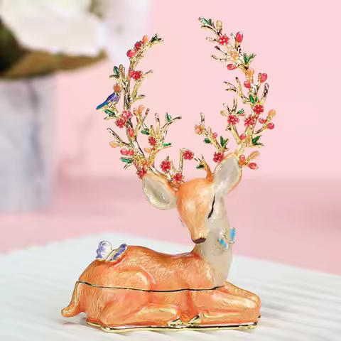 Enameled Elk Trinket Box Metal Jewelry Container Animal Figurine Decoration