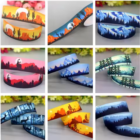 DUWES 50yards Jungle Forest Animals Western Desert Snow Mountain Cactus Printed Grosgrain Ribbon Col