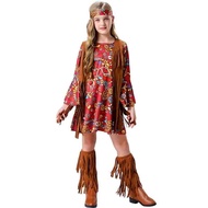 New Halloween kid's Hippie Cosplay Costume children 70'S Retro Disco Long Sleeve Printed Dress