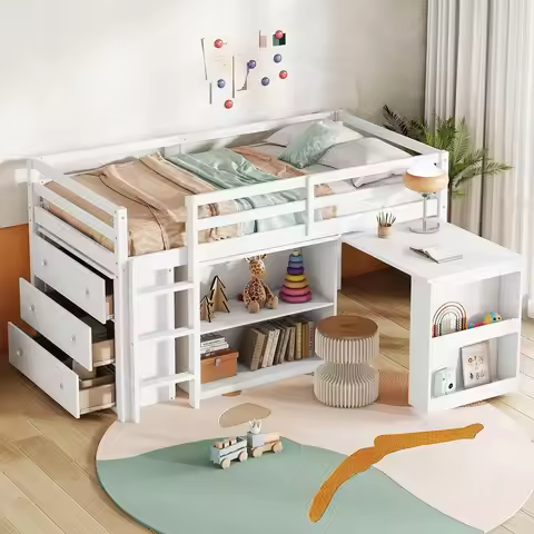 Loft Bed Twin Size, Solid Wood Low Loft Bed with Storage Drawer, Shelf Cabinet and Pulling-Out Desk,
