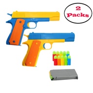 Blaster Cool Toy Gun with 10 Soft Bullets, Ejecting Magazine,Set of 2 Bundle Showdown Blue And Yellow  Slide Action Toy Nerf Blaster