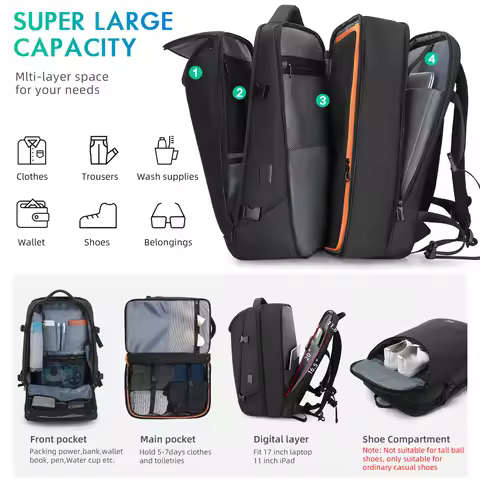 TANGCOOL 36L-50L Expandable Backpack Waterproof Oxford 17.3" Laptop Bag Business Travel Flight Appro
