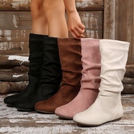 Size 36-43 Women's Fashion Mid-Calf Flock Boots Side Zipper Pleated Pile Flat Heels Western Boots CX