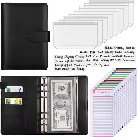 A6 Budget Binder with Cash Envelope Savings Book Budget Planner PU Leather Laptop Binder with Binder