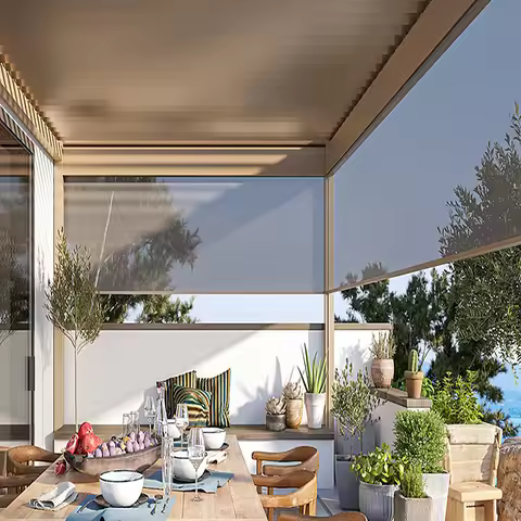 Customized Blackout Outdoor Roller Blinds Double Layer Smart Motorized Shade Windproof Built-in Inst