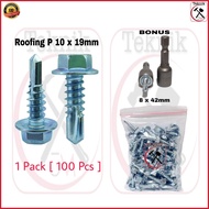 Baut Baja Ringan Ukuran 10 x 19mm 1 Pack [ 100 Pcs ] Roofing Mata Sock 8mm Rufing - Skrup Seng Holo 