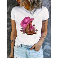 Cowgirl & Floral Print Crew Neck T-shirt Casual Short Sleeve Summer TopWomen's Clothing