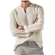 Cotton Linen Men Shirt Brief Breathable Comfy Solid Color Long Sleeve V neck Casual Blouse Hawaiian 