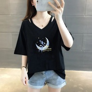 大码 T恤 Large T-shirt300斤280加肥加大码260胖MM宽松显瘦T恤女装百搭短袖上衣200斤V领/0909