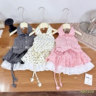 N0408, 3-color polka dot vest collar and pleated skirt Set for girls
