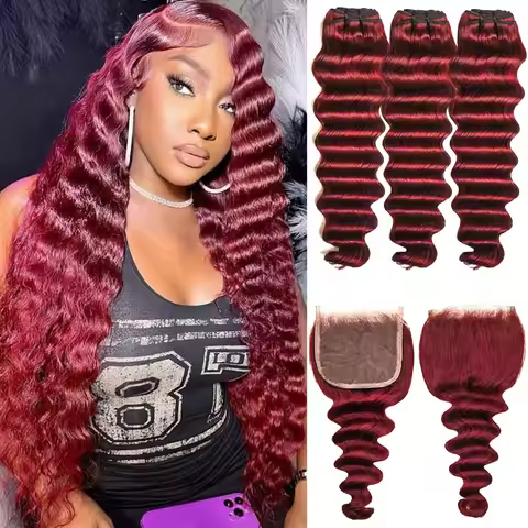 #99j Loose Deep Wave Bundles With Closure &Frontal 99J Burgundy Wet and Wavy Virgin Curly Loose Deep