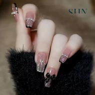 Fake nails, fake nails with bows DZ072, fake nails with stones, Black nail box, Pretty nails