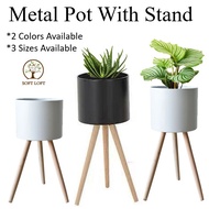 Plant Pot Metal Planter with Wood Stand,Mid Century Cylinder Decorative Flower Pot ,Large&amp;Small Floor Standing Plant Pot