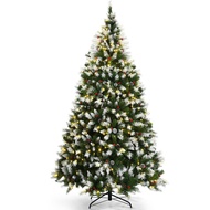 Costway 6Ft/7.5Ft/9Ft Pre-Lit Snowy Christmas Tree 1398 Tips W/ Pine Cones &amp; Red Berries CM23551-3US