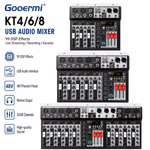 GOOERMI KT4/6/8 USB Audio Mixer Sound Card with 48V Phantom Power 99 DSP Effects for Live Streaming 