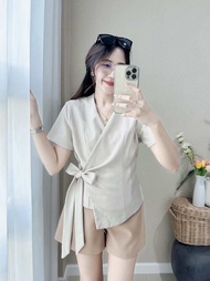 เสื้อป้ายข้างแบบผูกเป็นโบว์ งานเกรดพรีเมียม ผ้าHiso-fi  ซับในทั้งตัว
