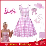 Movie Barbie Costume for Kids Girl Margot Robbie Pink Plaid Suspender   Princess Dress for Baby Girl