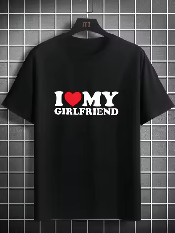 "I Love My Girlfriend" Print Soft Comfort Fabric Short Sleeve Round Neck Back-to-School Season Suita