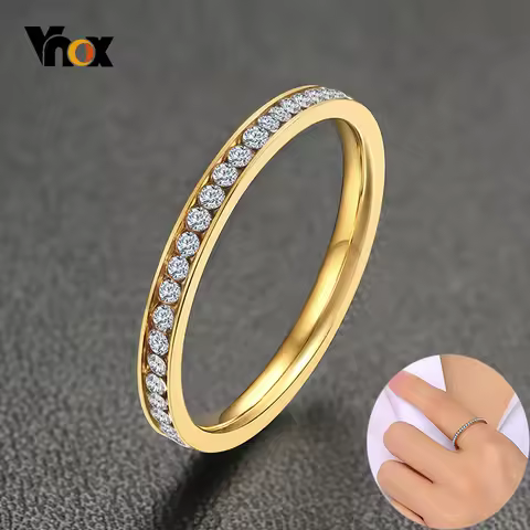 Vnox 2mm Bling CZ Stones Ring for Women Lady Gold Color Stainless Steel Shinny Crystal Finger Band E