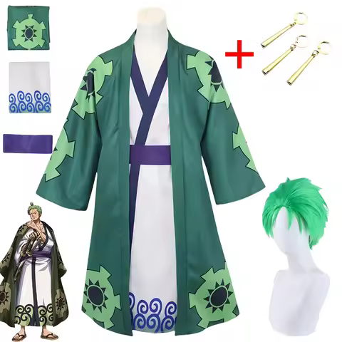 Anime Roronoa Zoro Cosplay Costume Wig Zoro Kimono Uniform Cloak Zoro Earrings for Halloween Costume