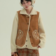 焦糖色 遊牧系列 麂皮絨刺繡搖粒絨皮毛一體馬甲 文藝背心外套