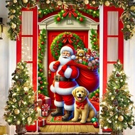 1pc 2D Santa Claus & Dog Christmas Door Hanging Polyester Merry Christmas Banner, 35.4 X 70.9 Inch, 