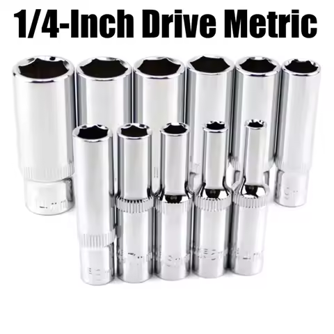 1/4-Inch Drive Metric Long Chrome Socket Set 6-Point Deep Socket 4-14mm Hex Socket Wrench Head For R