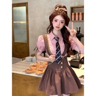KEMEJA Aroana Alesha Bantang coffee milk beautiful girl suspender skirt A-swing high waist Zhizhi be