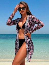 SHEIN Swim Vcay Kimono pareo de baño transparente de malla con estampado floral y paisley para mujer ideal para vacaciones en la playa