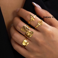 4 Piece Unique Stainless Steel Ring Set Women Gold Tone Y2K Cute Star Moon Leaf Open Stackable Daily