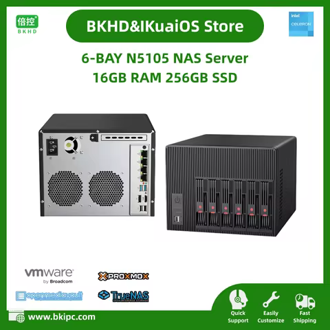 6-Bay NAS Support 2.5" 3.5" SATA HDD SSD Inside Celeron N5105 16GB RAM 256GB SSD 4x2.5GbE for Home S