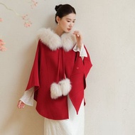 【納福紅裳】新中式復古風 100羊毛/狐狸毛領/雙面大衣外套