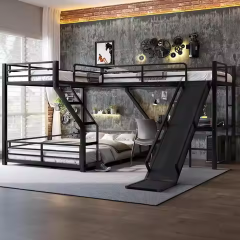Triple Bunk Beds, L-Shape Twin XL Over Queen Bunk Bed Attached a Loft Bed with Desk, Triple Bunk Bed
