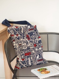 手作深藍色日本海報圖案索繩帆布袋