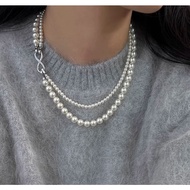 4mm+8mm Double-Row Shell Pearl Necklace White Gray Stitching Design One Chain More Wearable Multiple