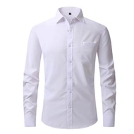 แขนยาวสำหรับผู้ชายผ้าคอตตอนขนาด XXXL สีทึบแบบยืดได้ขนาดเล็กเสื้อเชิ้ตลำลองเข้ารูปพอดีแขนยาวเสื้อแขนย