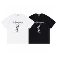 YSL High-end Light Luxury, European And American Fashion With Saint Laurent Classic Pure Cotton Men And Women Couples Short-sleeved Large Size T-shirt Lan Ins