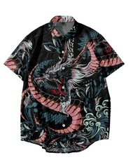 New Year Dragon Hawaiian Casual Mens Short Sleeve Shirt Y2k Vintage Top Breathable Camisas Casuais B