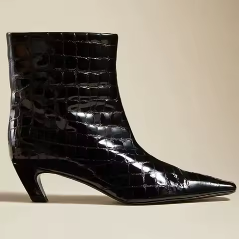 Crocodile Print Ankle Boots Women Solid Color Pointed Toe Mid Heel Female Shoes Star Style Stylish R