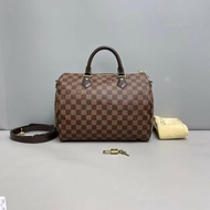 LV路易威登棕棋盤格Speedy30肩帶款枕頭包