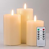 Flameless Candles Set of 3, Realistic Real Wax Top Flat 3D Wick Ivory Pillar Candles Set with Remote
