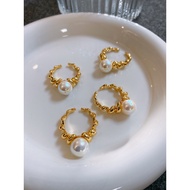 Vintage Medieval AKOYA AKOYA Pink Pearl Twist Ring Female Temperament French Retro Golden Ring Trend