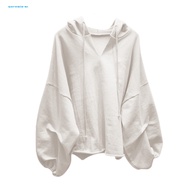 Quer_ Solid Color Drawstring Pullover Hoodie Autumn Batwing Sleeve V-Neck Women Sweatshirt Streetwea