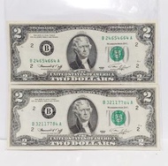 THE UNITED STATES OF AMERICA TWO DOLLARS  1976年 美金紙幣  兩元 $2 美國 US (2張)    #代售品