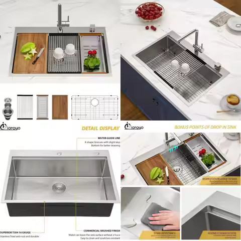 Stainless Steel 33x22 Inch Drop-In Kitchen Sink with 16 Gauge T304 Ledge Workstation Design