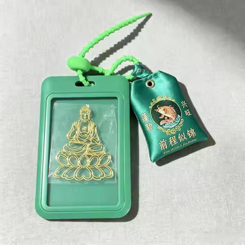 Omamori Good Luck Buddha Pattern Metal Phone Sticker with Leather Lanyard Anti-lost Lucky Card Holde