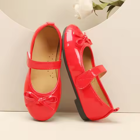2025 New Kids Shoes Childrens Bowknot Princess Shoes Girls Flat Leather Shoes black red Spring Autum