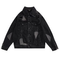 Oversized Black Ripped Denim Jackets For Men Zippers Distressed Splash Ink Denim Jacket Coat Streetwear Hip Hop Casual Top Baggy